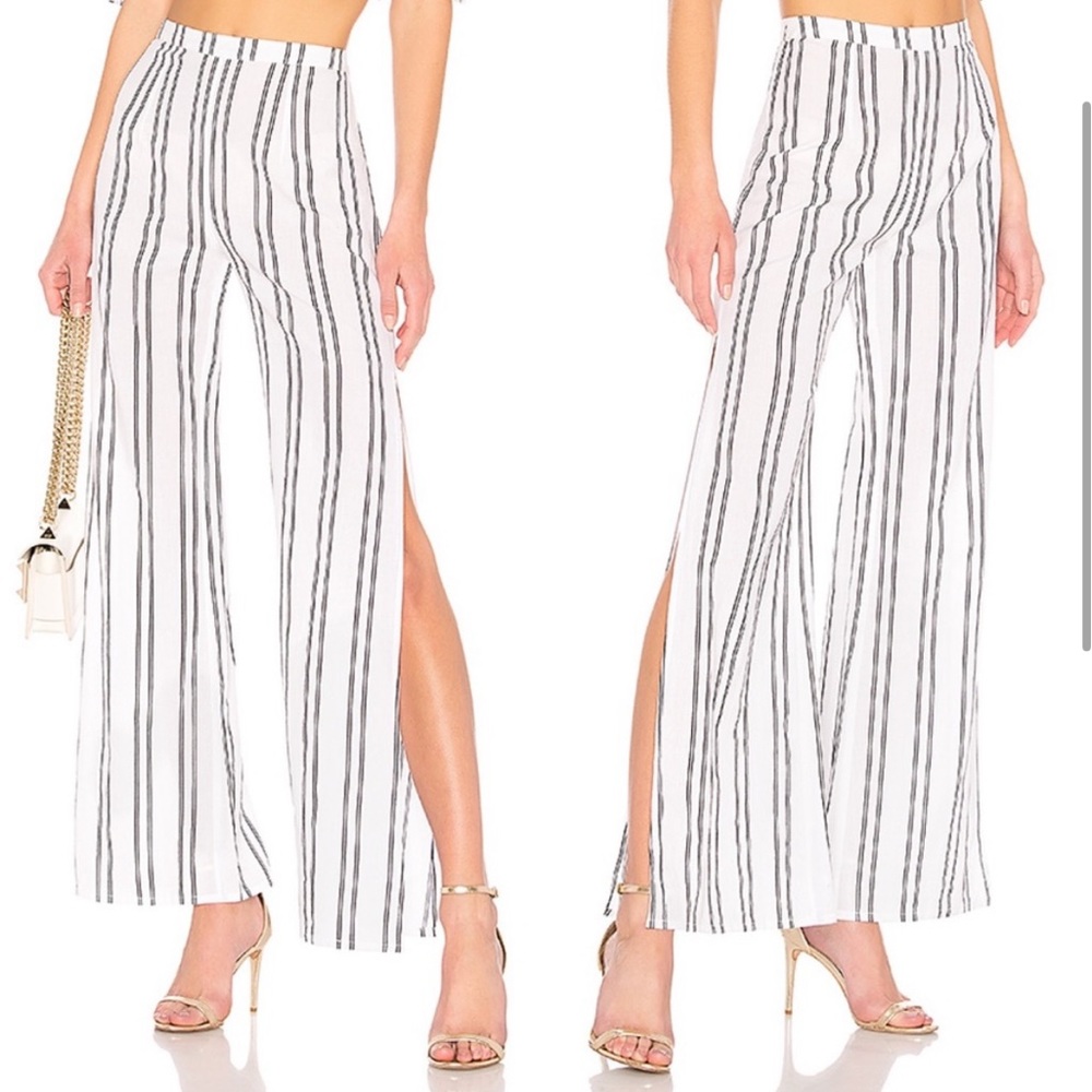LPA 681 High Rise Wide Leg Slit Striped Cotton Pants White Black